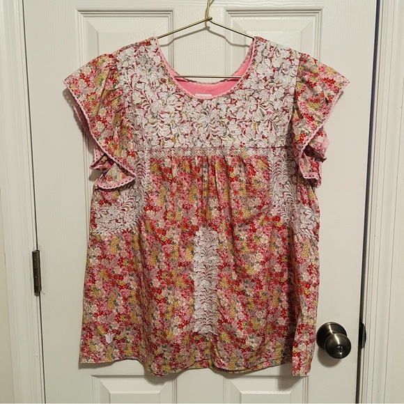 J.Marie Pink Floral Lace Embroidered Flutter Sleeve Blouse Size L - Picture 3 of 11